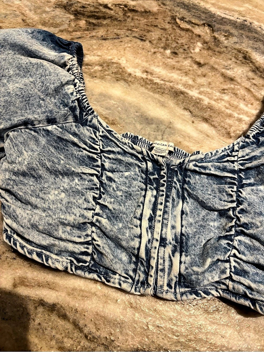 American Eagle AE Denim Puff Sleeve Crop Top Blue Size XS
